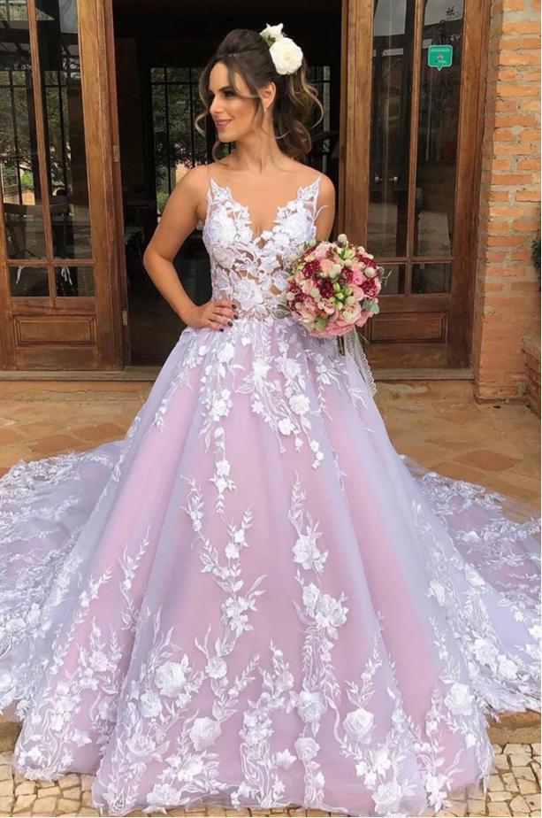 Sexy Appliqued Spaghetti Strap Lilac Long Fashion Wedding Dresses,HS94