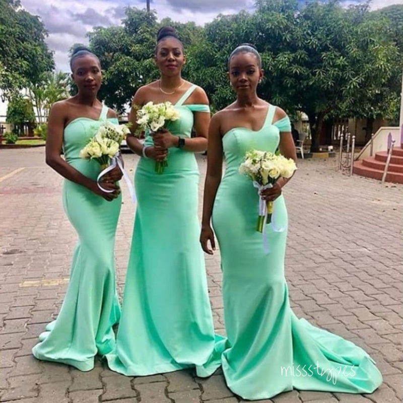 Mint Green One Shoulder Cheap Sexy Mermaid Long Bridesmaid Dresses Online, BL131