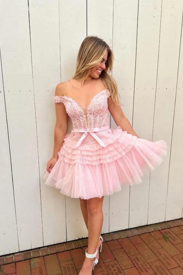 Cute Off Shoulder Ruffle Tulle Bow Pink Mini New Arrival Homecoming Dresses,HM165