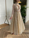 Vintage Champagne High-Neck Full Sleeve V-Neck A-Line Fashion Wedding Dresses,HS76