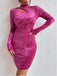 Vintage Rose Pink Full Sleeve High-Neck Cut-Out Women Mini Party Homecoming Dresses,HM256