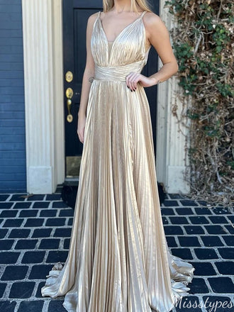 Elegant V-neck Spaghetti Strap A-line Long Prom Dress Ideas, Evening Party Dresses,ZX715