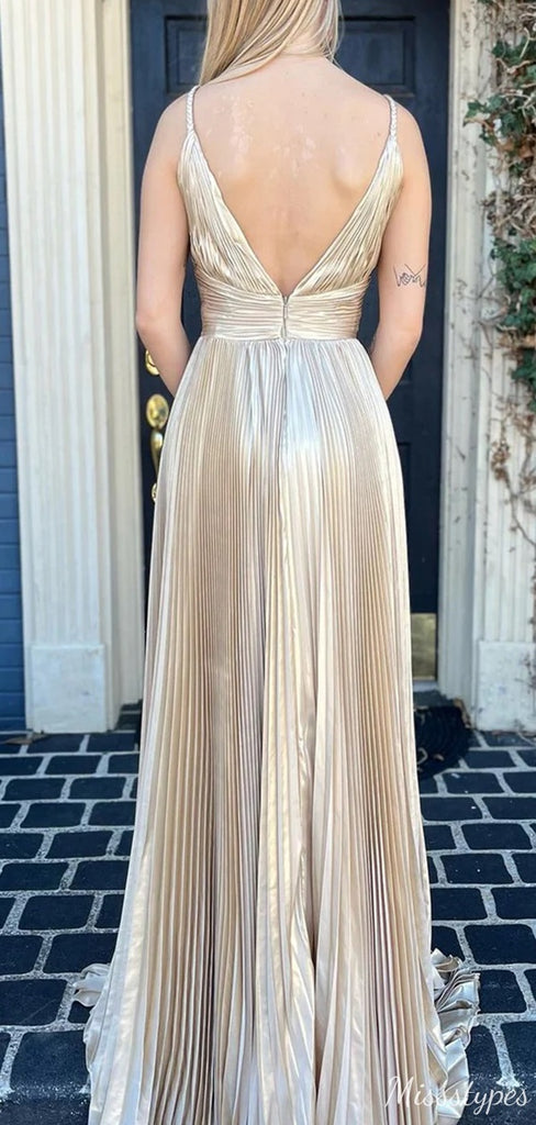 Elegant V-neck Spaghetti Strap A-line Long Prom Dress Ideas, Evening Party Dresses,ZX715