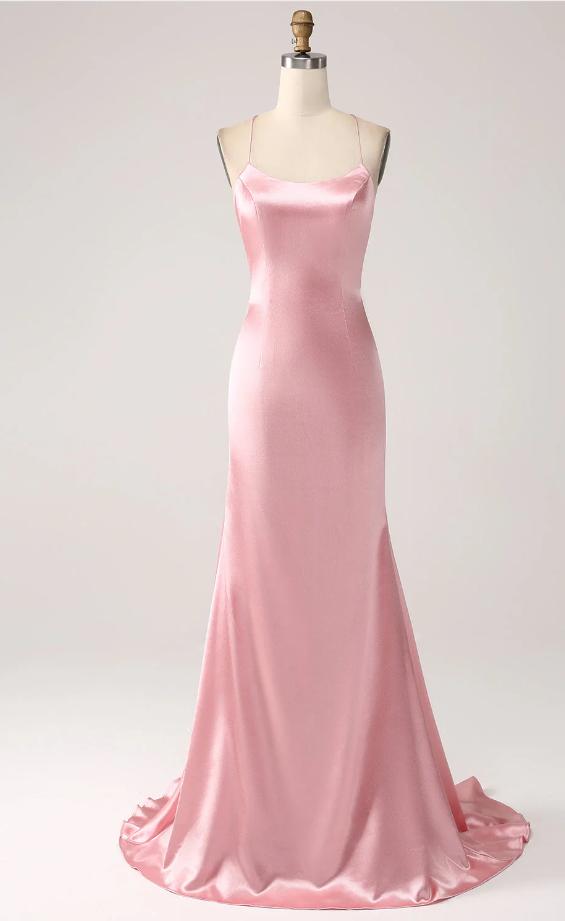 Soft Satin Pink Mermaid Criss-Cross Floor-Length Fashion Prom Dresses,ZX172