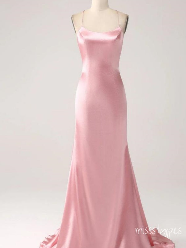 Soft Satin Pink Mermaid Criss-Cross Floor-Length Fashion Prom Dresses,ZX172