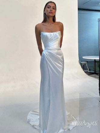 Sliver Strapless Pleat Simple Long Women Evening Prom Evening Dress,ZX236