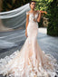 Women Champagne Off Shoulder Lace Appliqued With Tail Mermaid Wedding Dresses HS26