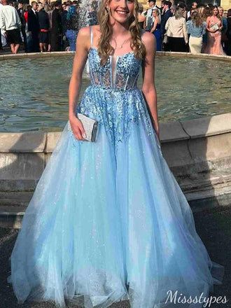 Elegant Spaghetti Strap Notched A-line Long Prom Dress Ideas, Evening Party Dresses,ZX718