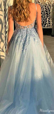 Elegant Spaghetti Strap Notched A-line Long Prom Dress Ideas, Evening Party Dresses,ZX718