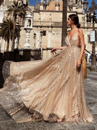 Sexy V-Neck Champagne Sparkly Spaghetti Strap With Trailing Long Prom Evening Dress,ZX292