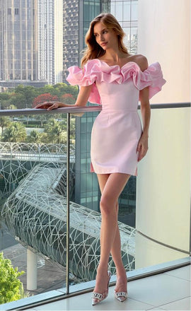 Pink Off Shoulder Ruffle Backless New Arrival Homecoming Dresses,HM108
