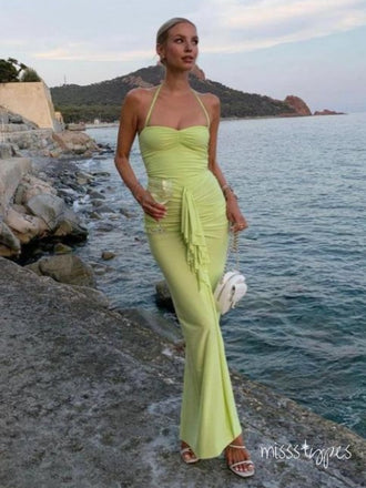 Sheath Green Pleat Spaghetti Strap Floor-Length Mermaid Long Prom Evening Dress,ZX281
