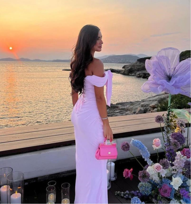 Sexy Blushing-Pink Off Shoulder Sheath Long Women Evening Prom Evening Dress,ZX231