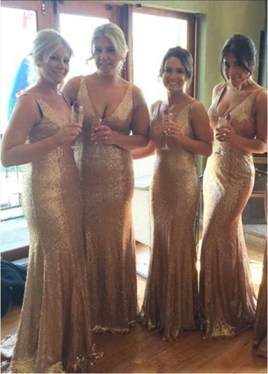 Beautiful Champagne V-Neck Spaghetti Strap Mermaid Floor-Length Women Bridesmaid Dresses Online, BL114