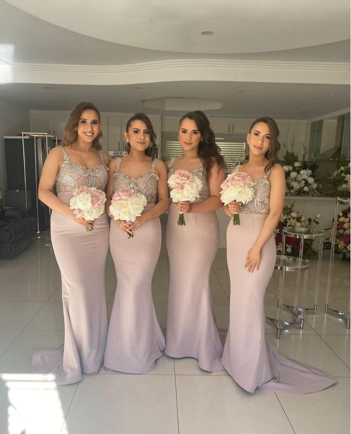 Lady Spaghetti Strap Appliqued Mermaid Pink Bridesmaid Dresses Online, BL81