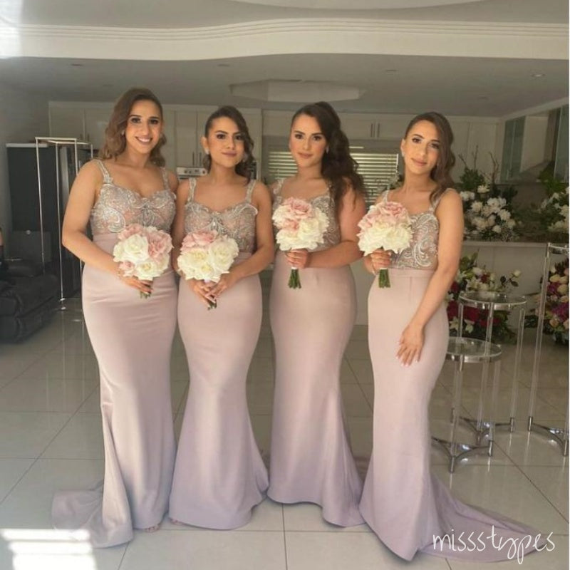 Lady Spaghetti Strap Appliqued Mermaid Pink Bridesmaid Dresses Online, BL81