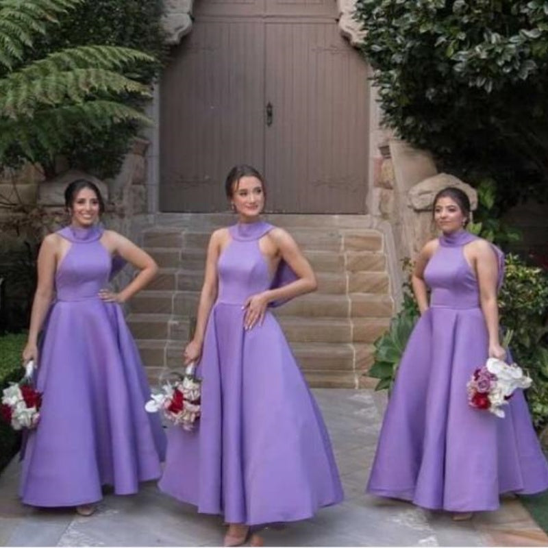 Purple Halter A-Line Women Simple Floor-Length Bridesmaid Dresses Online, BL52