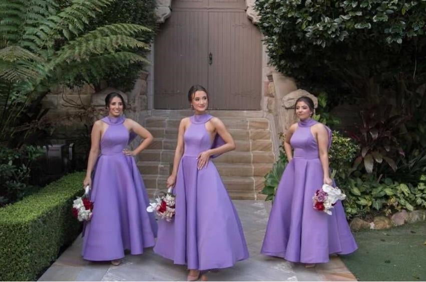 Purple Halter A-Line Women Simple Floor-Length Bridesmaid Dresses Online, BL52