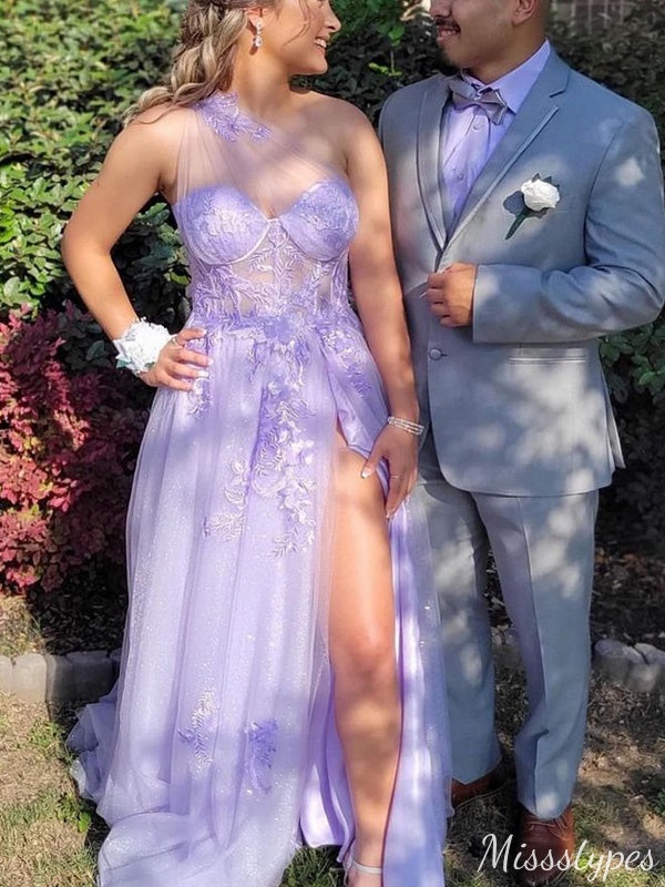 Elegant One-shoulder Lace Unique A-line Long Prom Dress Ideas, Evening Party Dresses,ZX749