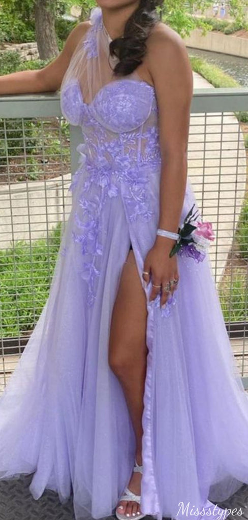 Elegant One-shoulder Lace Unique A-line Long Prom Dress Ideas, Evening Party Dresses,ZX749