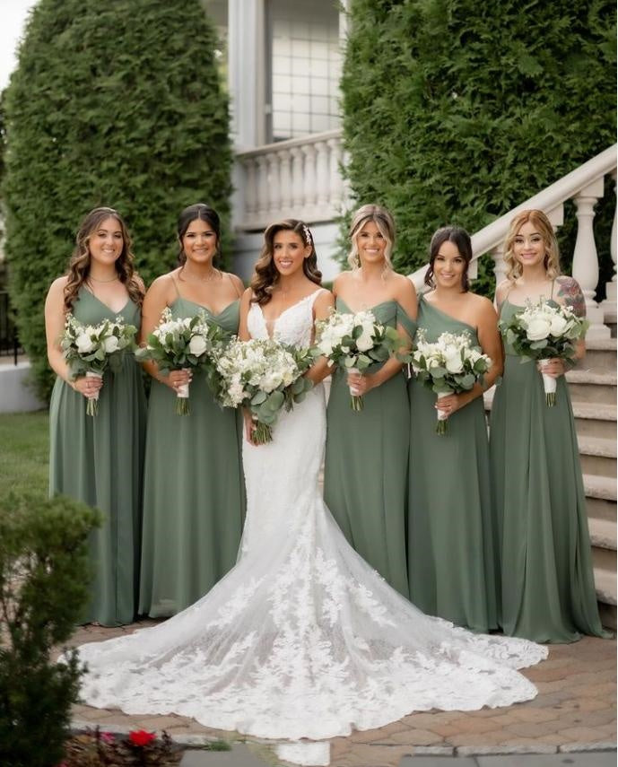 Mismatched Green Satin Women Floor-Length Bridesmaid Dresses Online, BL155