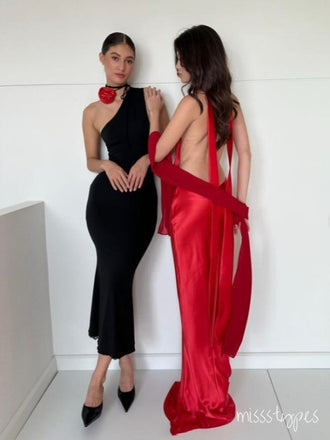 Sexy Black One Shoulder Red Flower Sheath Long Prom Evening Dress,ZX268