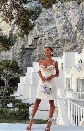 Beautiful Beige Spaghetti Strap Designed Tea-Length Women Party Homecoming Dresses,HM227