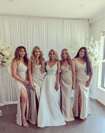 Champagne Spaghetti Strap Side Slit Mermaid Floor-Length Bridesmaid Dresses Online, BL54