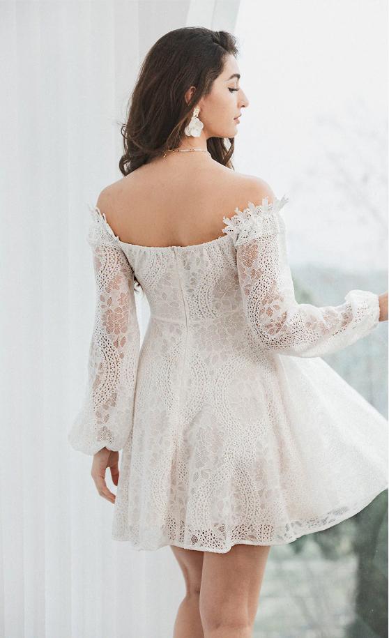 Classic Off Shoulder Lace White Mini Homecoming Dresses, HM85