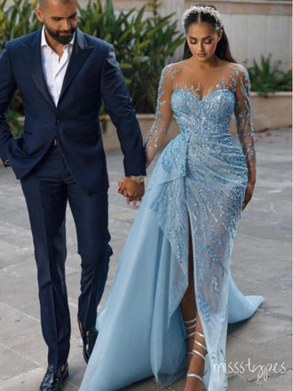 Blue Sexy Full Sleeve Appliqued Side Slit Long Fashion Mermaid Prom Evening Dress,ZX251