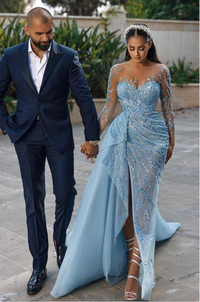 Blue Sexy Full Sleeve Appliqued Side Slit Long Fashion Mermaid Prom Evening Dress,ZX251
