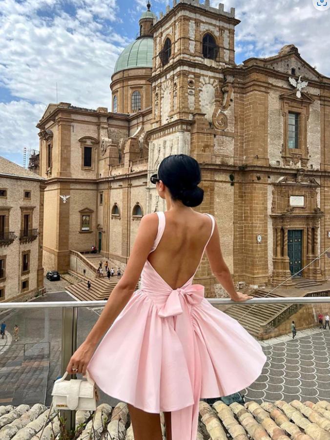 Cute Pink Spaghetti Strap Backless Mini Homecoming Dresses, HM87