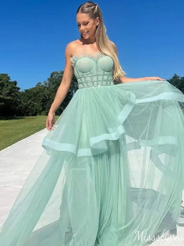 Elegant Sweetheart Strapless A-line Long Prom Dress Ideas, Evening Party Dresses,ZX731