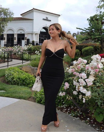 Vintage Black Beaded Spaghetti Strap Sweetheart Long Prom Evening Dress,ZX362