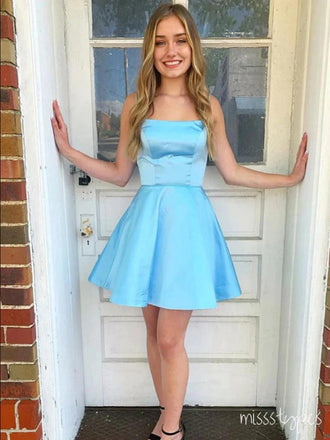 Satin Blue Sky Strapless Simple A-Line Mini New Arrival Homecoming Dresses,HM183