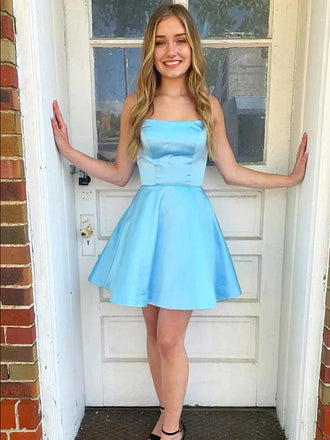 Satin Blue Sky Strapless Simple A-Line Mini New Arrival Homecoming Dresses,HM183