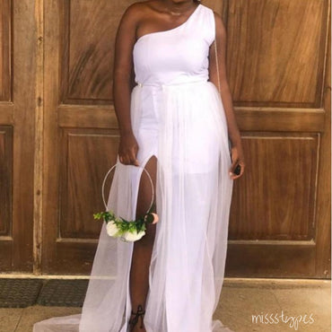 Simple White Side Slit One Shoulder Mermaid Long Bridesmaid Dresses Online, BL76