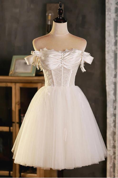 Off Shoulder Mismatched Bow White Herringbone Mini New Arrival Homecoming Dresses,HM169