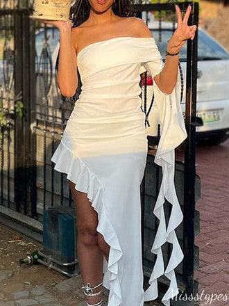 Casual One-shoulder Asymmetric Sheath Long Prom Dress Ideas, Evening Party Dresses,ZX735