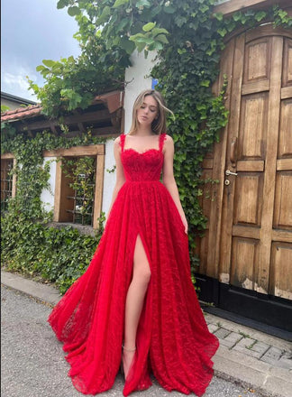 Elegant Hot Red Side Slit Spaghetti Strap Floor-Length Fashion Prom Dresses,ZX174