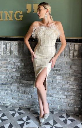 Pretty Side Slit Tea-Length Feather Beige Women Mini Party Homecoming Dresses,HM242
