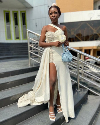 Ivory White One Shoulder Unique Side Slit Bridesmaid Dresses Online, BL96