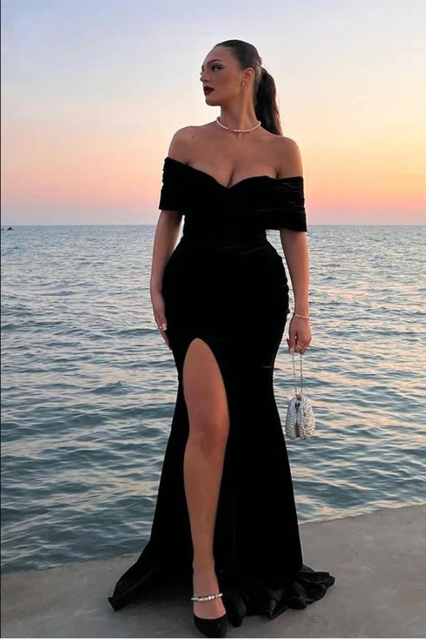 Gorgeous Black Off Shoulder Mermaid Side Slit Long Prom Evening Dress,ZX258