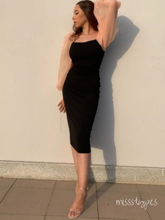 Elegant Black Tea-Length Pink Sleeve Mermaid Long Prom Evening Dress,ZX347