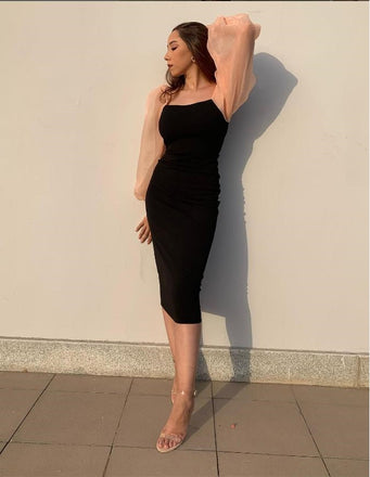 Elegant Black Tea-Length Pink Sleeve Mermaid Long Prom Evening Dress,ZX347