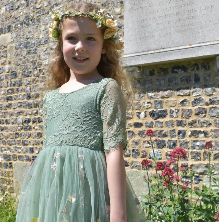 Elegant Green Full Sleeve Appliqued Tulle A-Line Princess Cute Little Flower Girl Dresses, ET63