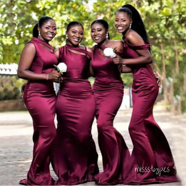 Sexy Unique Burgundy One Shoulder Satin Women Floor-Length Bridesmaid Dresses Online, BL159