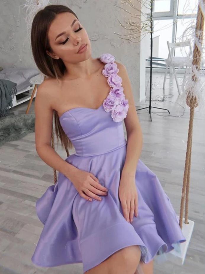 Flower Purple One Shoulder Women New Arrival Homecoming Dresses,HM189