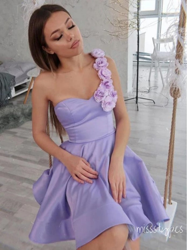 Flower Purple One Shoulder Women New Arrival Homecoming Dresses,HM189