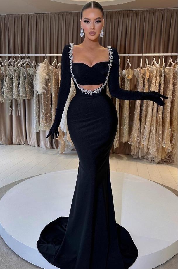 Sexy Black Beaded Full Sleeve Mermaid Long Prom Evening Dress,ZX343